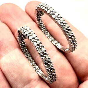 Designer DLC Womens Earrings Sterling Silver Diamond Inside Outside 1 Inch Hoops